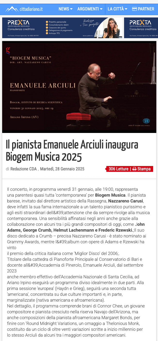 Il pianista Emanuele Arciuli inaugura Biogem Musica 2025